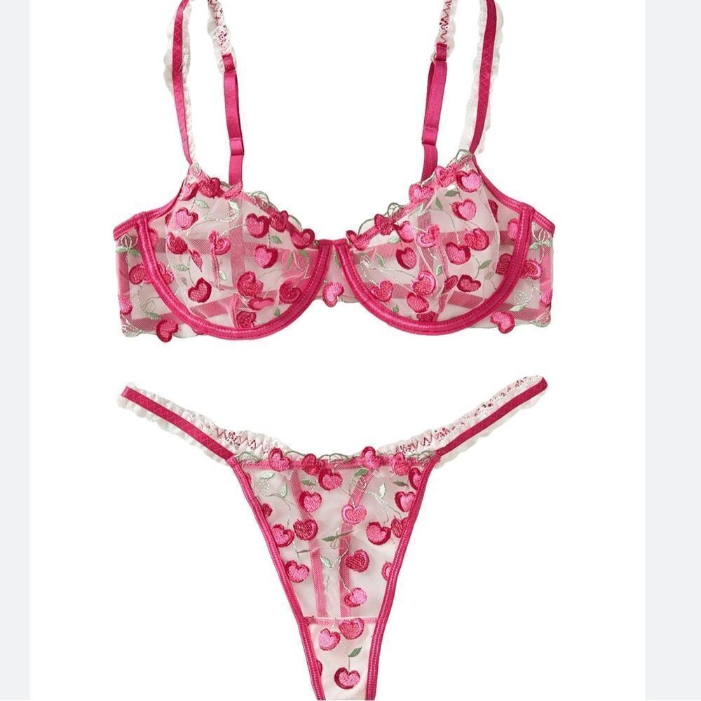 Embroidered Cherries Pattern Lace Lingerie Set